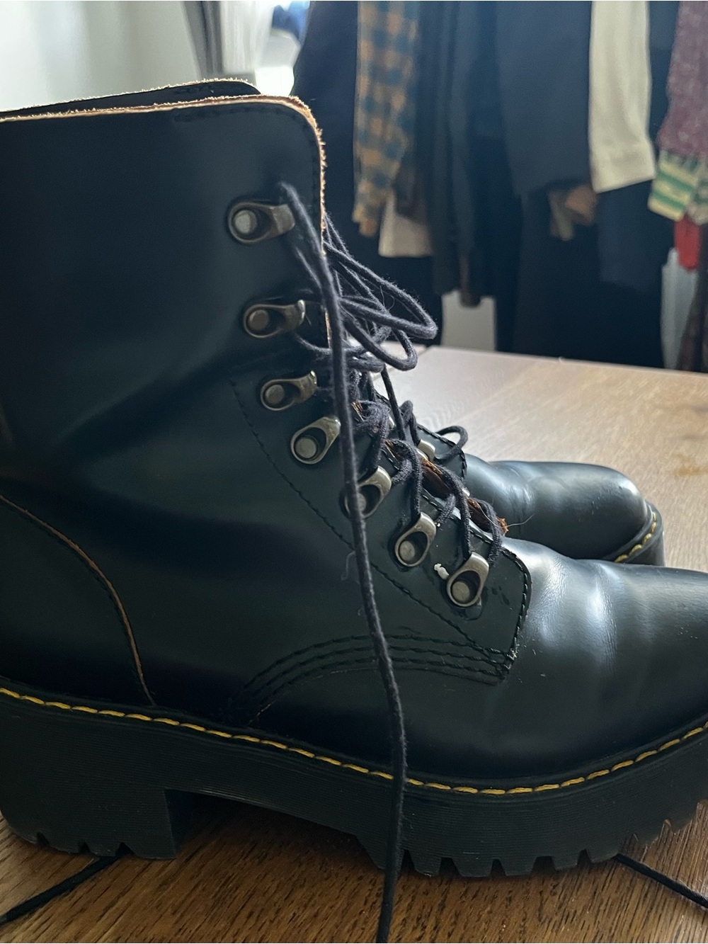 Dr. Martens Leona Black Leather Lace-Up Platform Boots